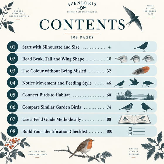 Contents pages with chapter start numbers for Bird ID Made Simple.