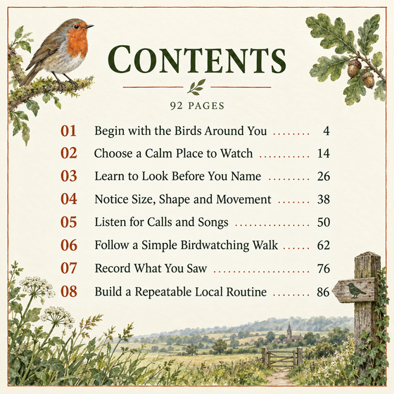 Contents pages with chapter start numbers for The First Birdwatching Walk.