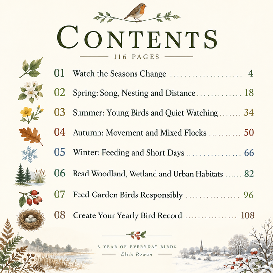 Contents pages with chapter start numbers for A Year of Everyday Birds.